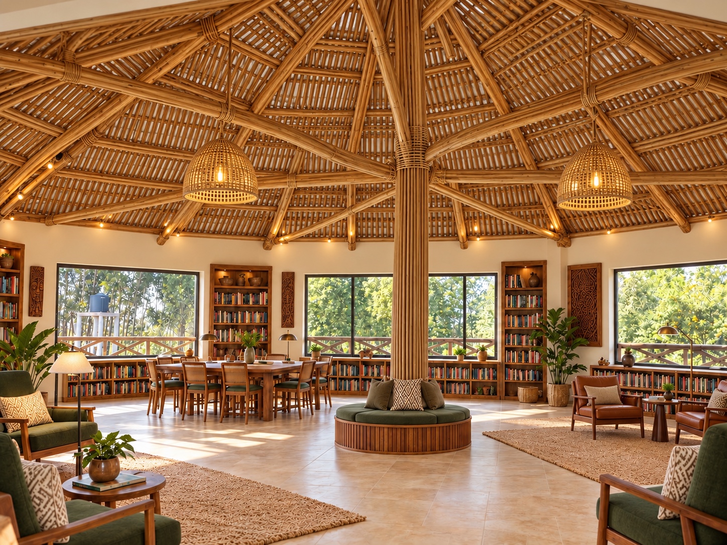 Reading lounge beneath a woven timber ceiling