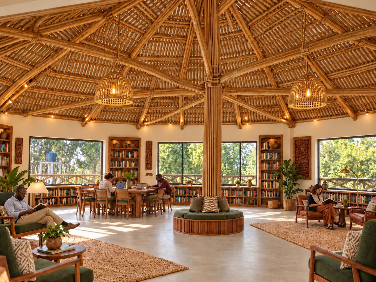 People reading and studying beneath the woven timber roof in the private library