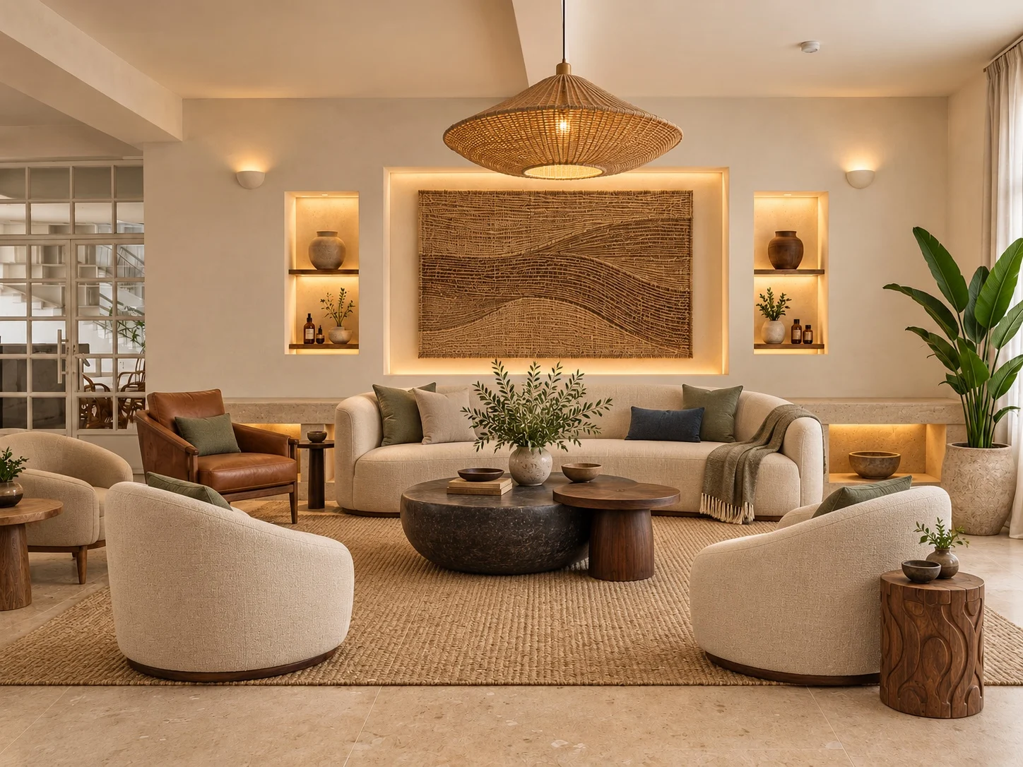 Shared lounge with woven furnishings