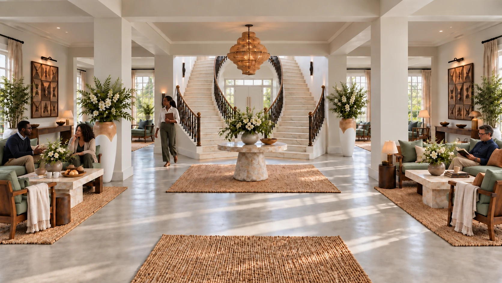 People sharing tea, reading and walking through the bright residence entry hall