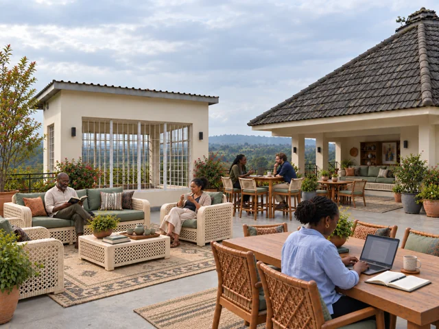 Rooftop worktables and countryside views