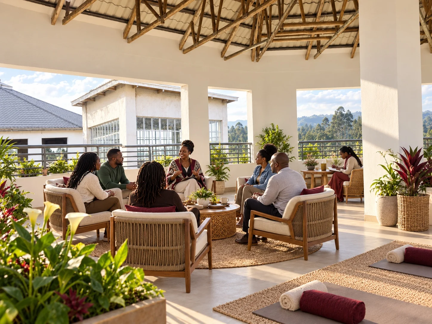 guests in conversation on a sheltered terrace